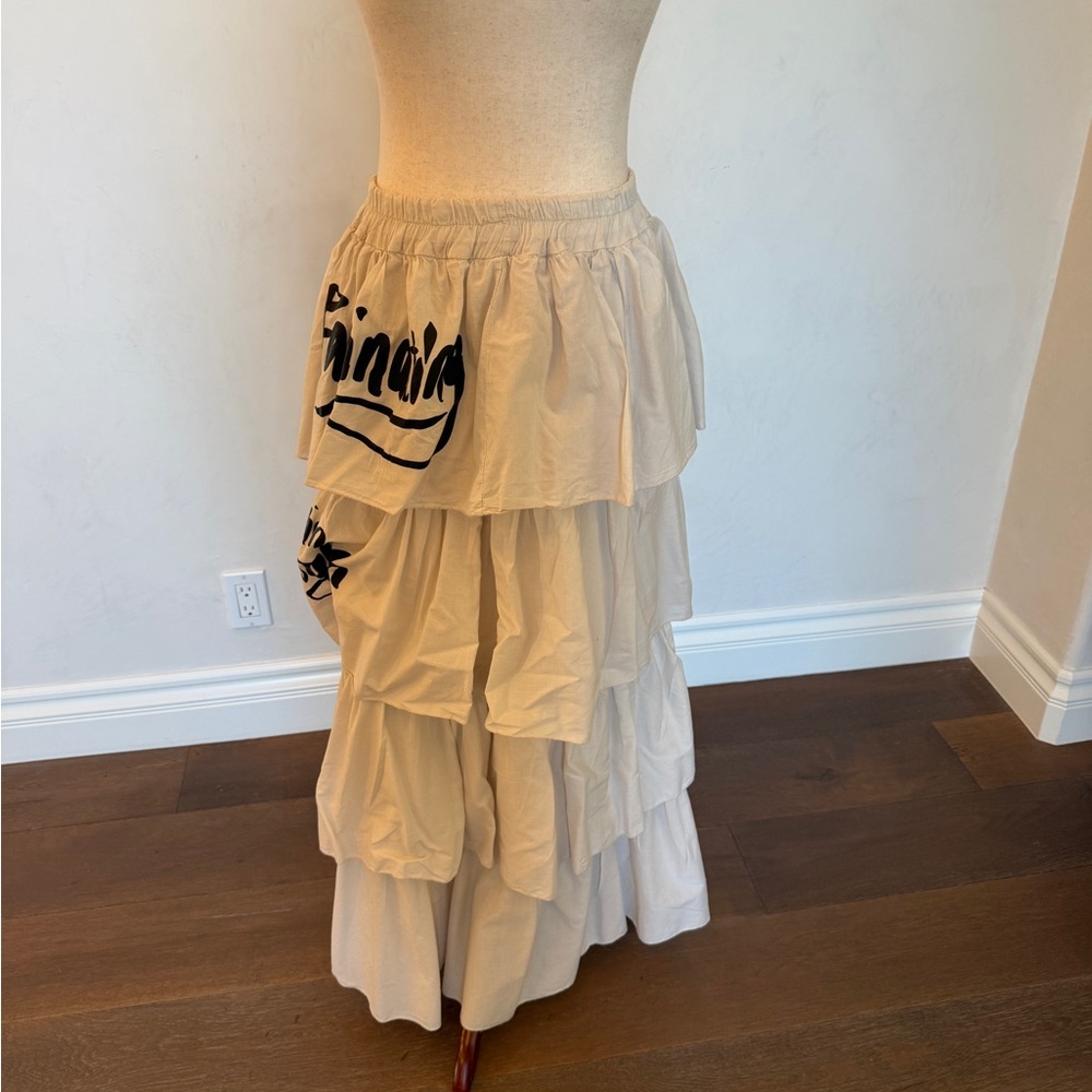 Layered Cream Skirt with Black Print
